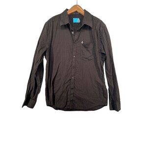 Volcom Mens Shirt Sz L Brown Long-Slv Button Up Pin-Striped Cotton Tailored Fit